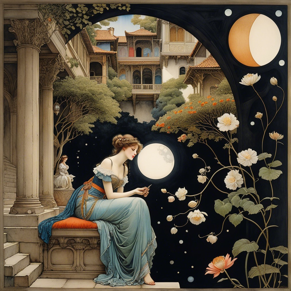 Moonlit Garden with Woman in Blue Gown Reading