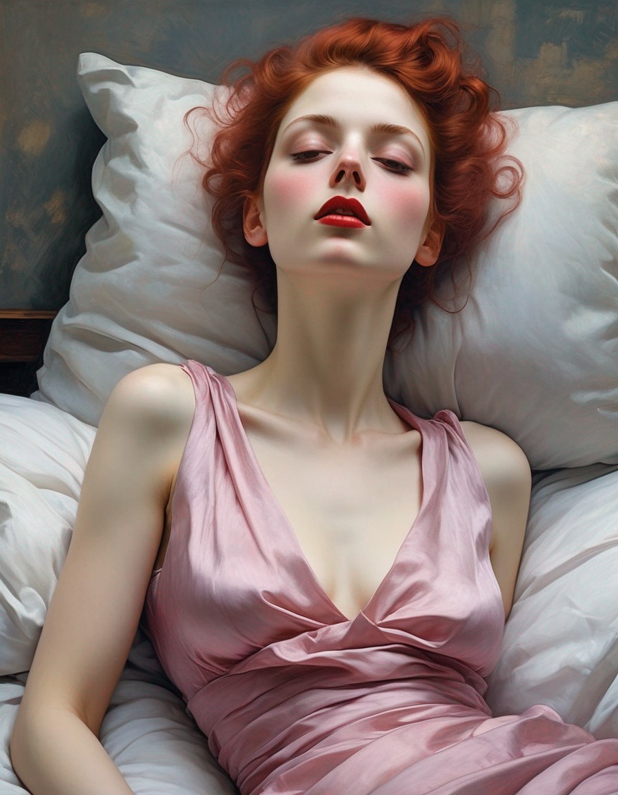 Red-haired woman in pink dress resting on white pillows with eyes closed.