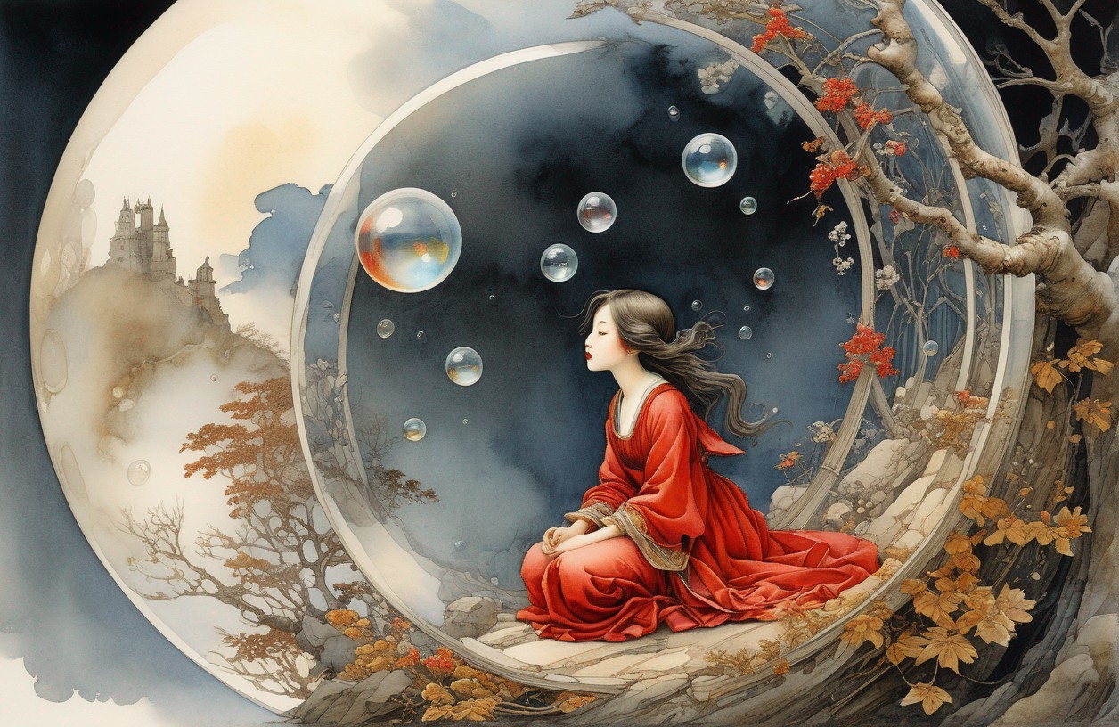 Woman in Red Contemplates Under Autumn Tree and Moon