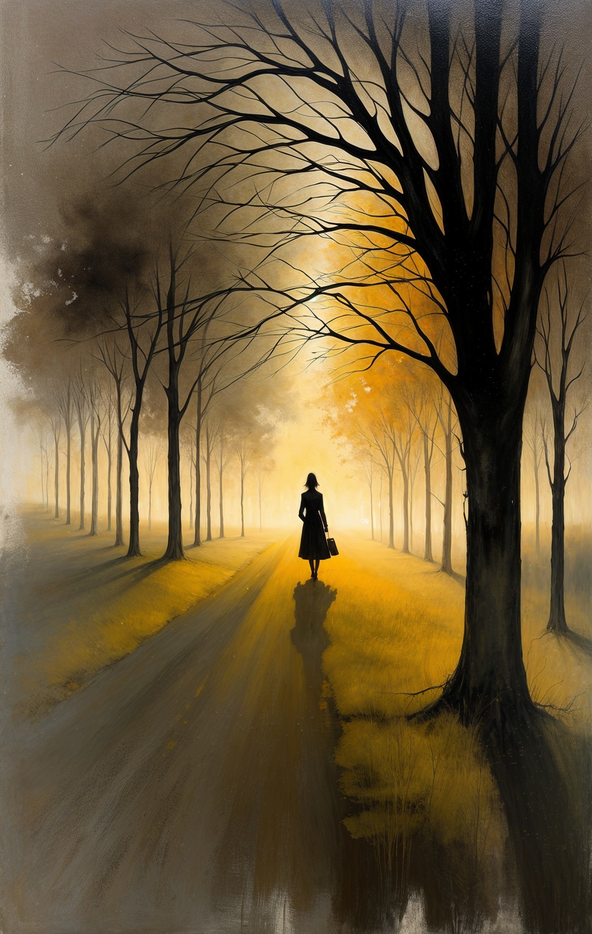 Solitary Figure Walking on Sunlit Path with Trees