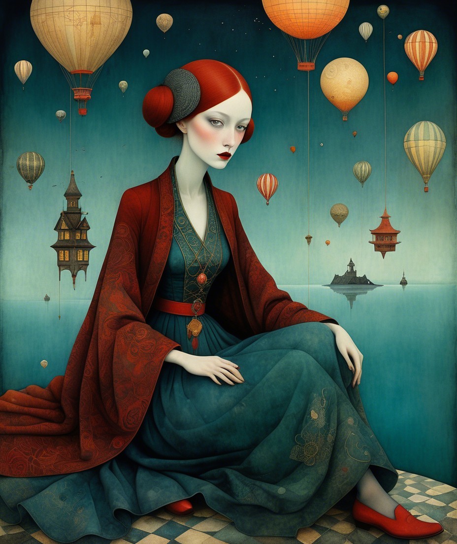 Ethereal figure with red hair in dreamy landscape