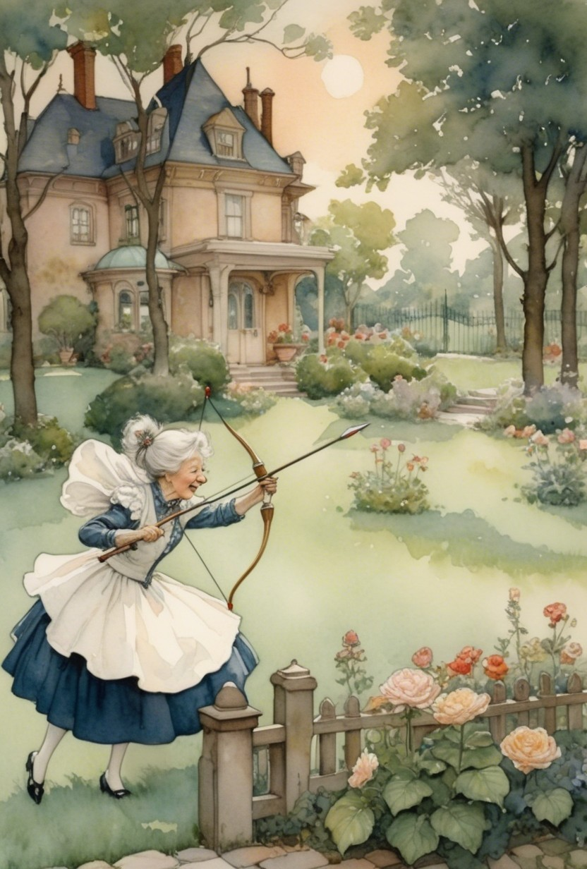 Elderly Woman in Garden Aiming Bow and Arrow