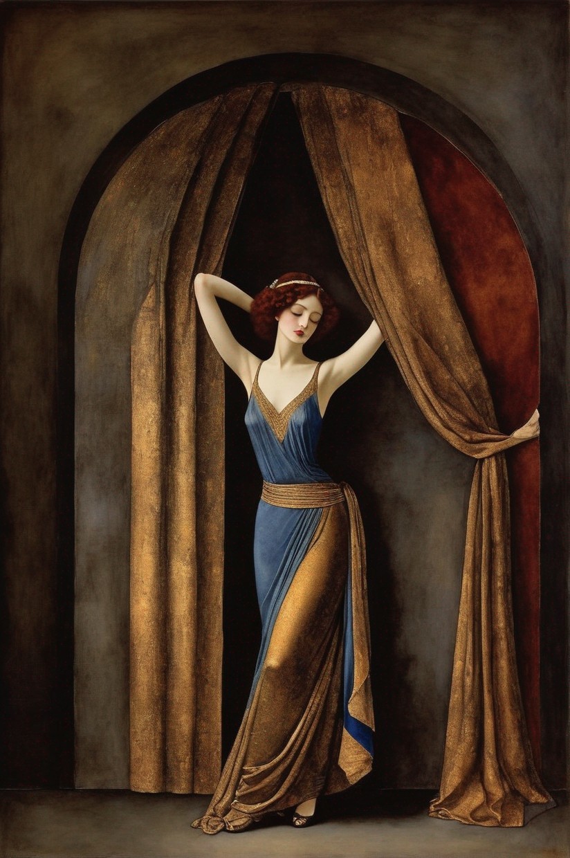 Elegant Woman in Blue Dress Under Grand Archway