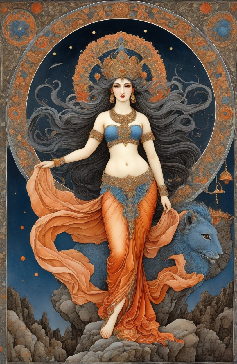 Illustration of Woman in Ornate Attire with Blue Wolf