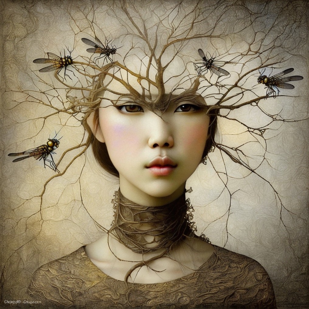 Surreal Portrait of Woman with Tree Structure and Bees