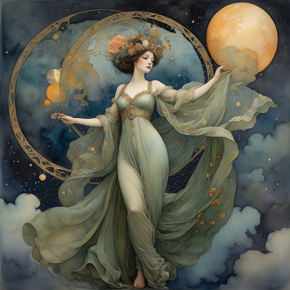 Celestial Scene with Elegant Figure in Flowing Gown