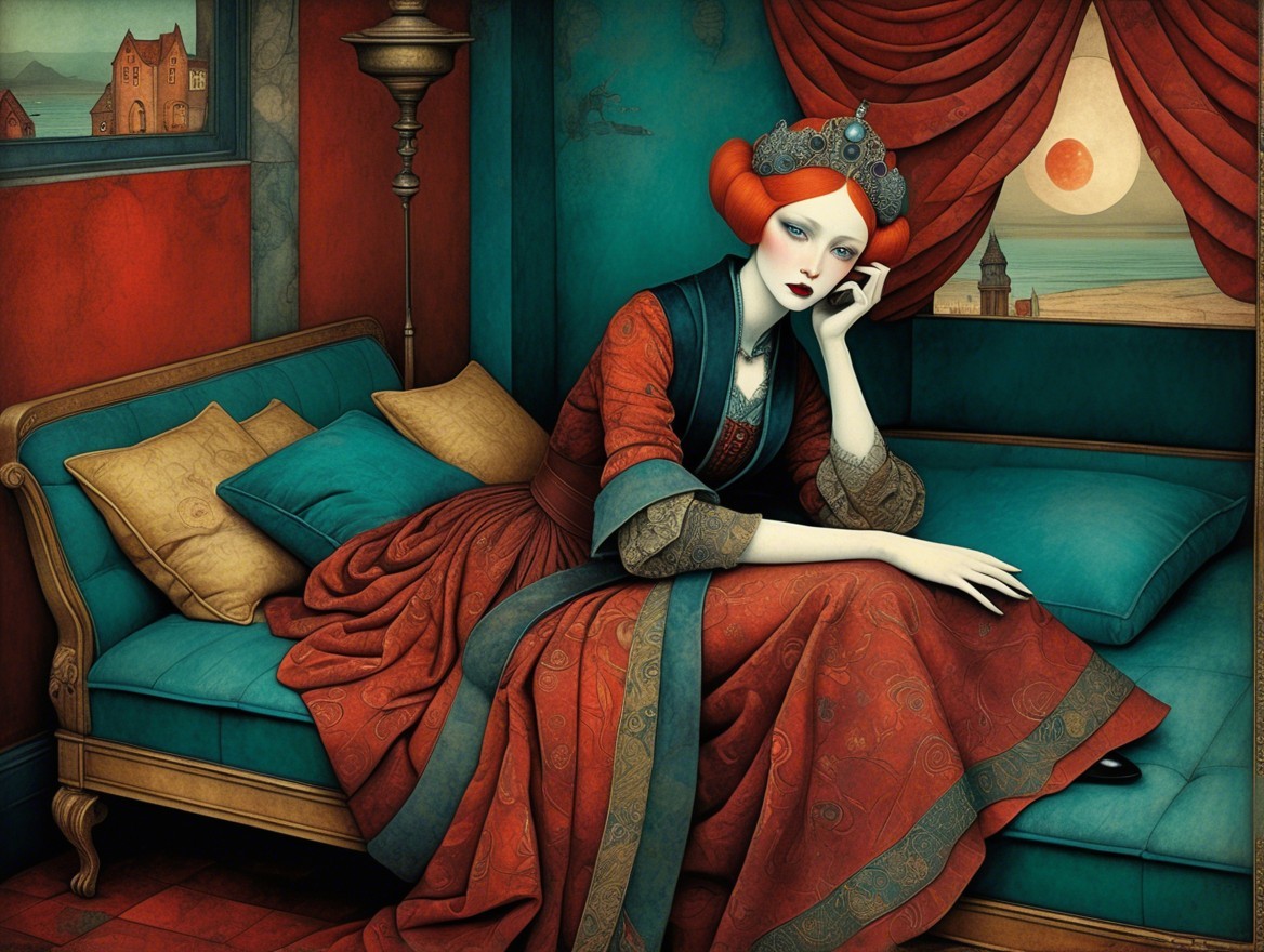 Regal Woman on Turquoise Couch with Seascape Backdrop