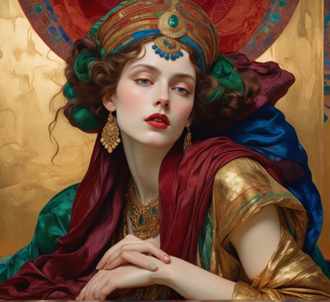 Regal woman in ornate headdress and colorful robes