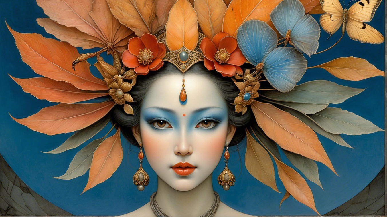 Portrait of a woman with autumn leaf headdress