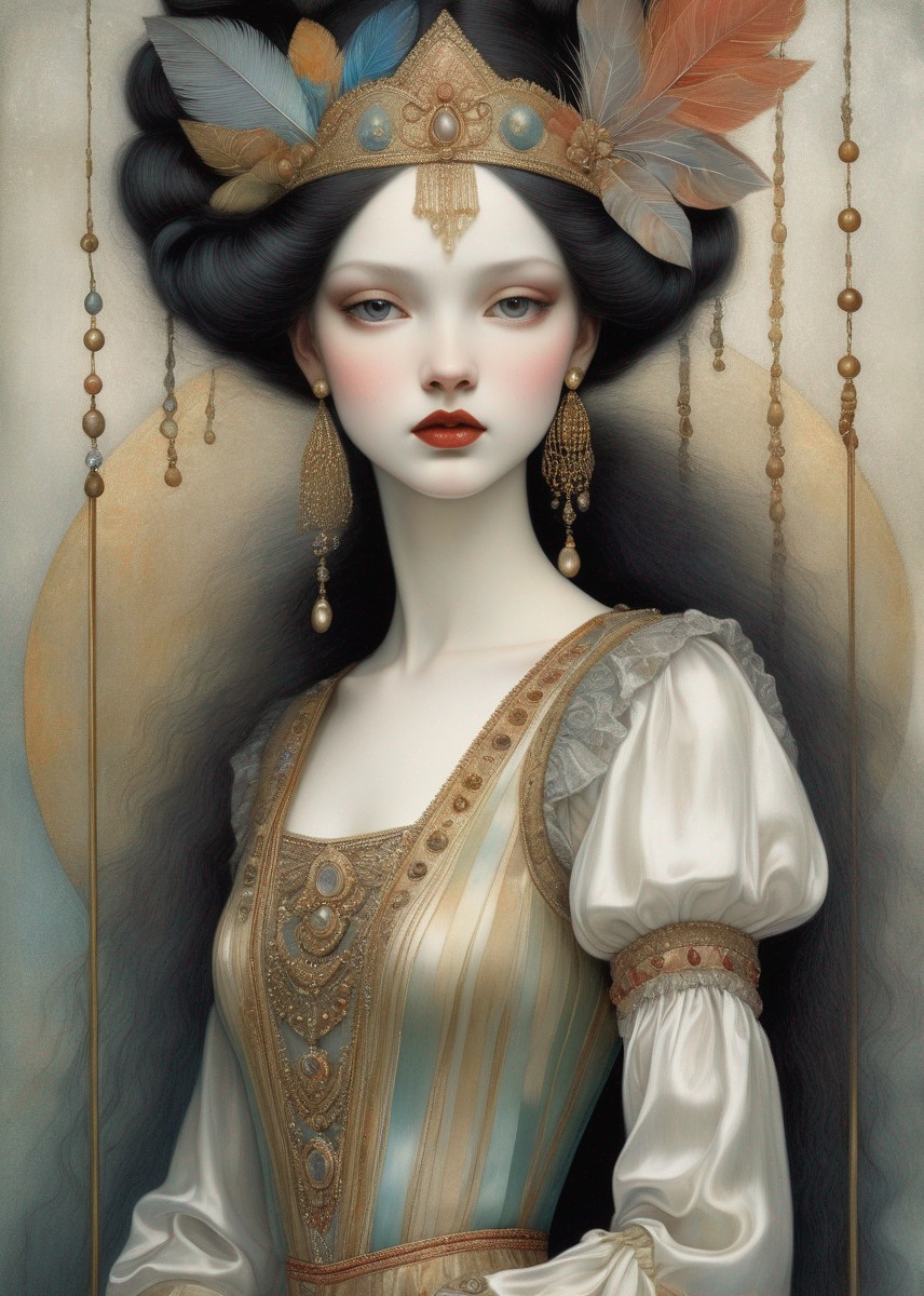Illustration of a Woman in Elaborate Headdress and Dress