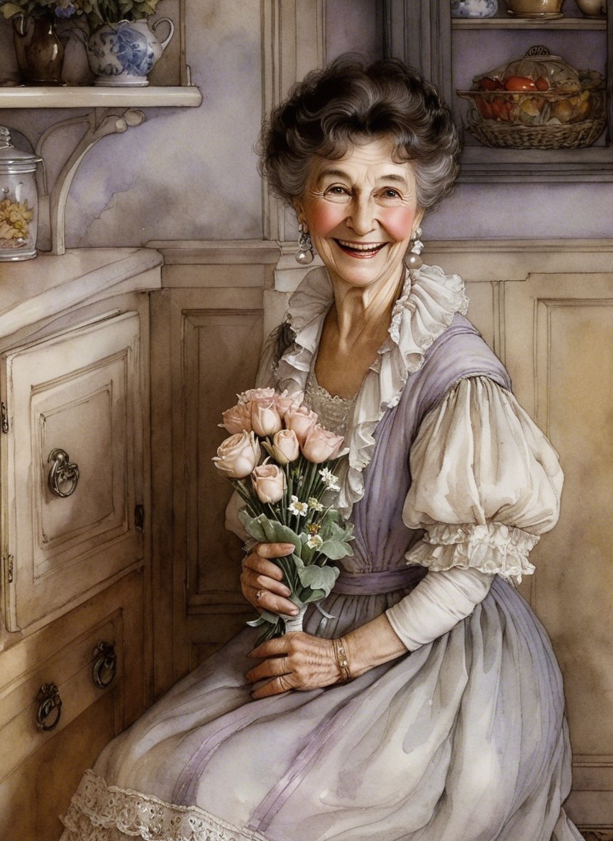 Elderly Woman in Cozy Kitchen with Pink Roses