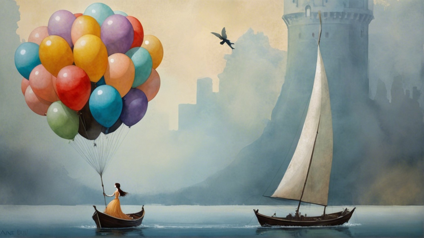 Woman in Boat with Balloons and Sailboat Nearby