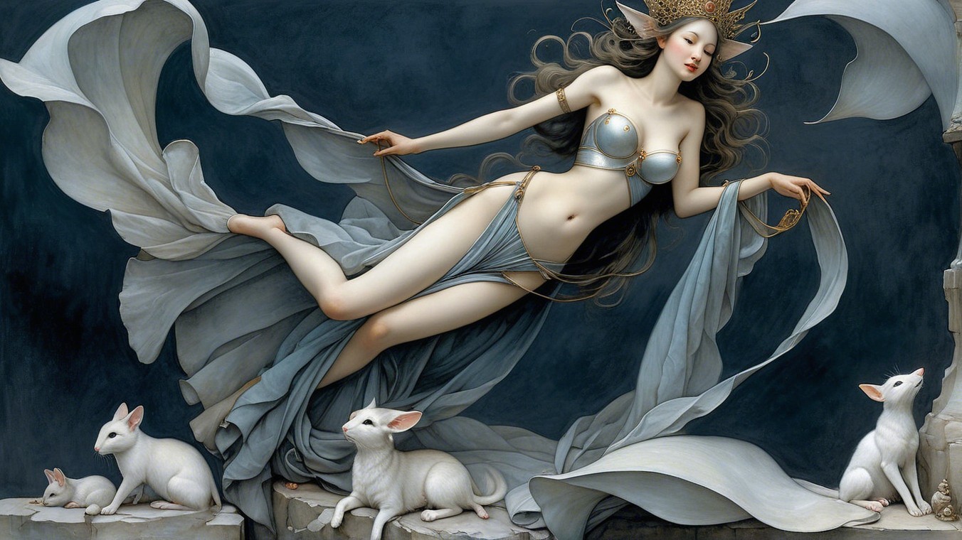 Fantasy figure in flowing fabrics with whimsical rabbits