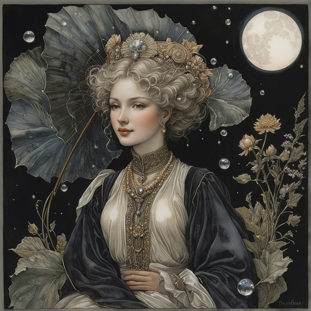 Serene Woman in Gown with Moonlit Background