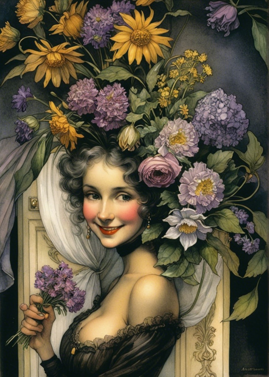 Woman with Floral Hair Arrangement and Joyful Smile