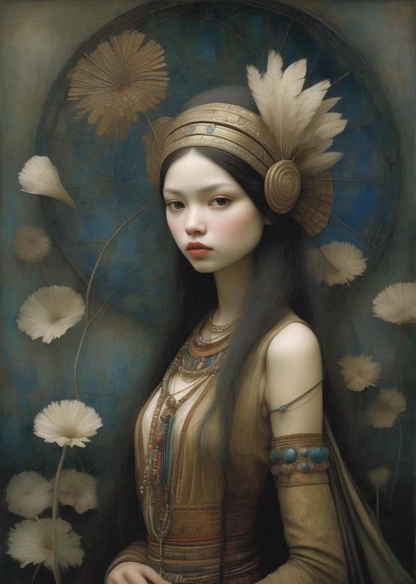 Surreal painting featuring woman with dark hair and ornamental jewelry
