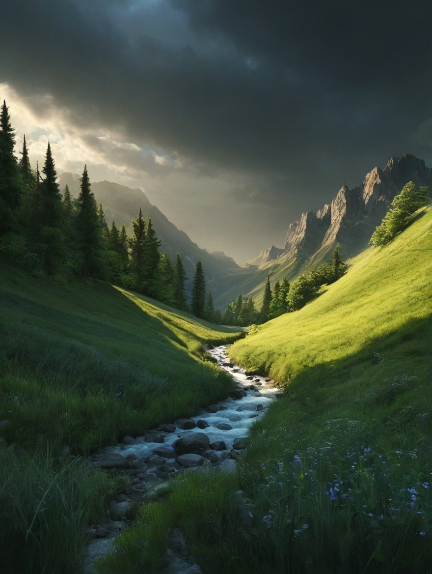 Serene Landscape with Stream and Mountains in Background