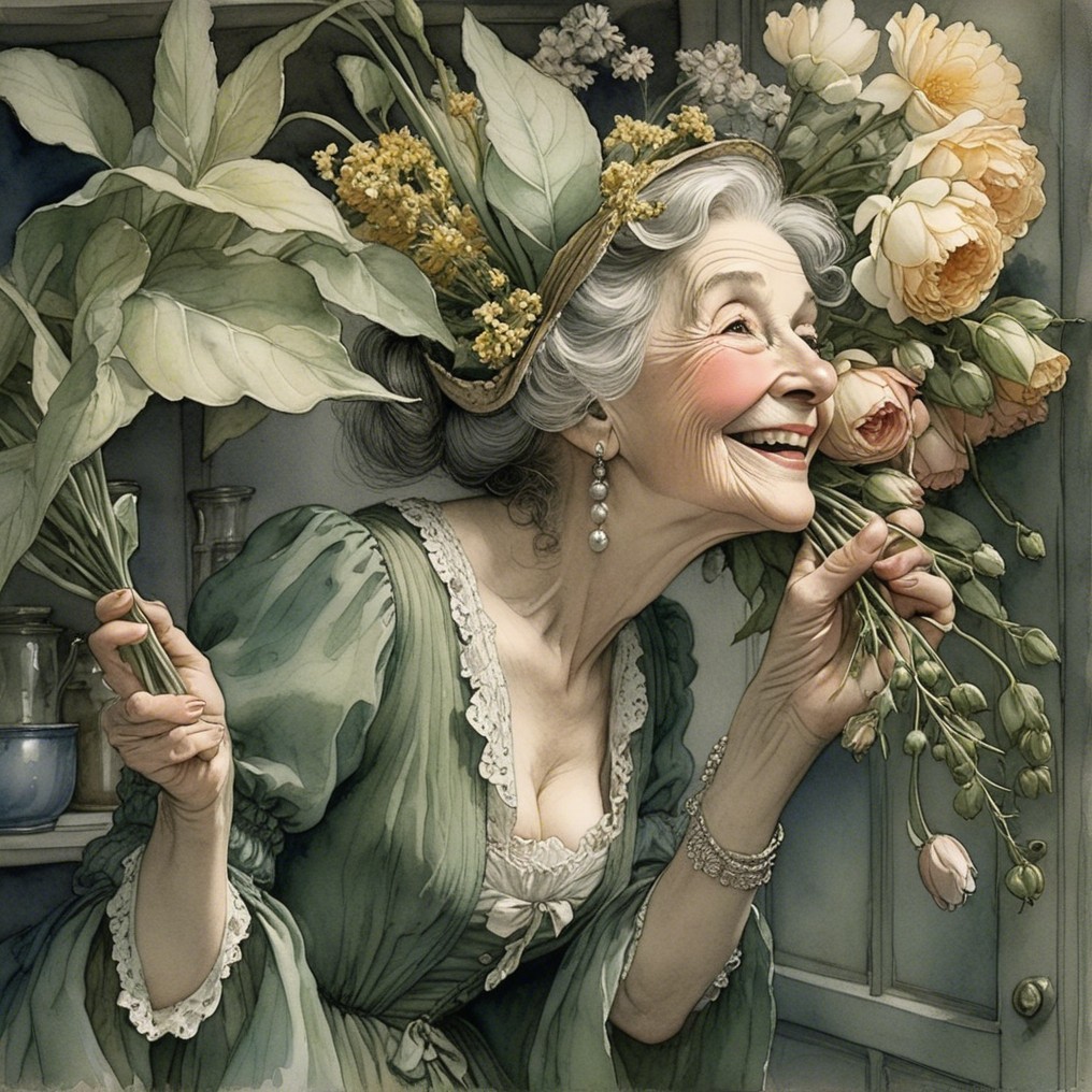 Elderly Woman in Vintage Gown Surrounded by Nature