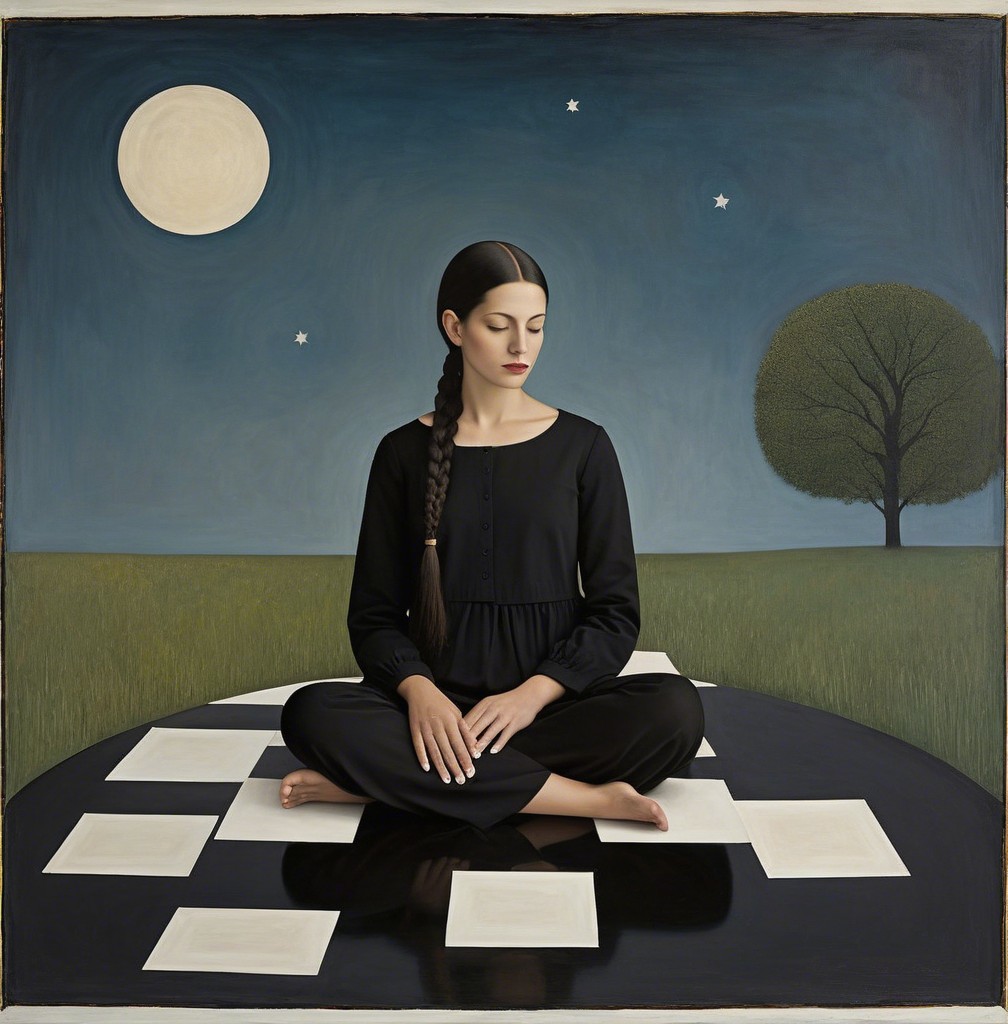 Serene figure on chessboard under night sky