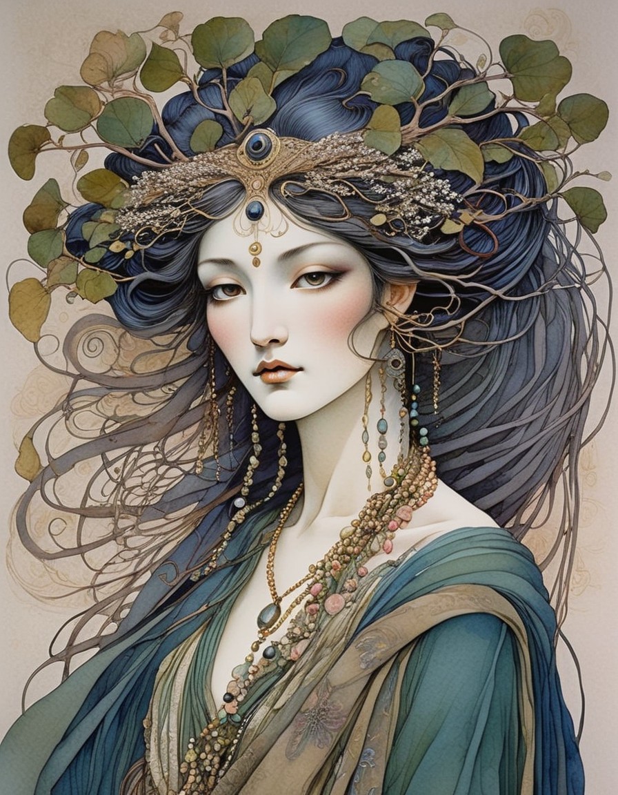 Illustration of woman with blue hair, gold jewelry, and greenery, emitting ethereal regal