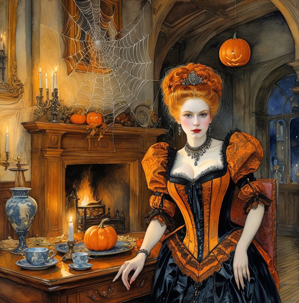 Elegant Woman in Halloween Decorated Room