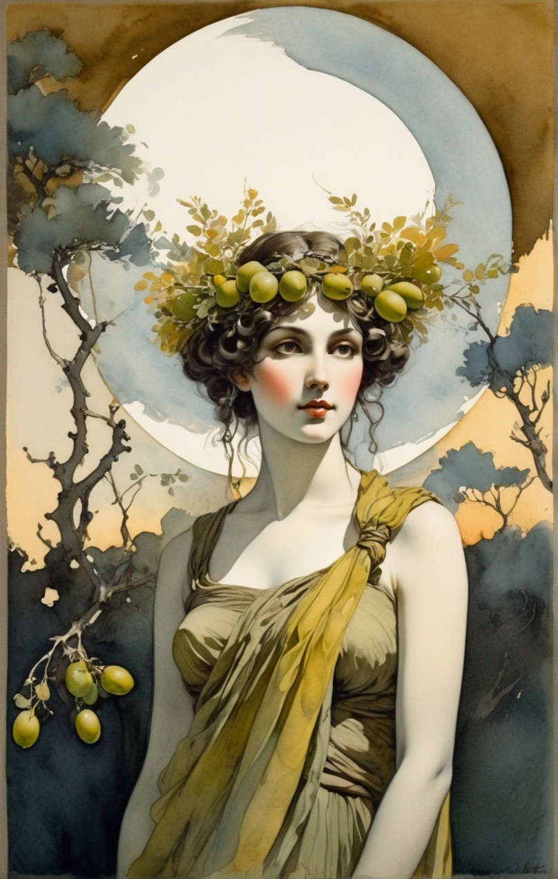 Vintage-style illustration: Woman with leaf and fruit wreath in front of tree backdrop
