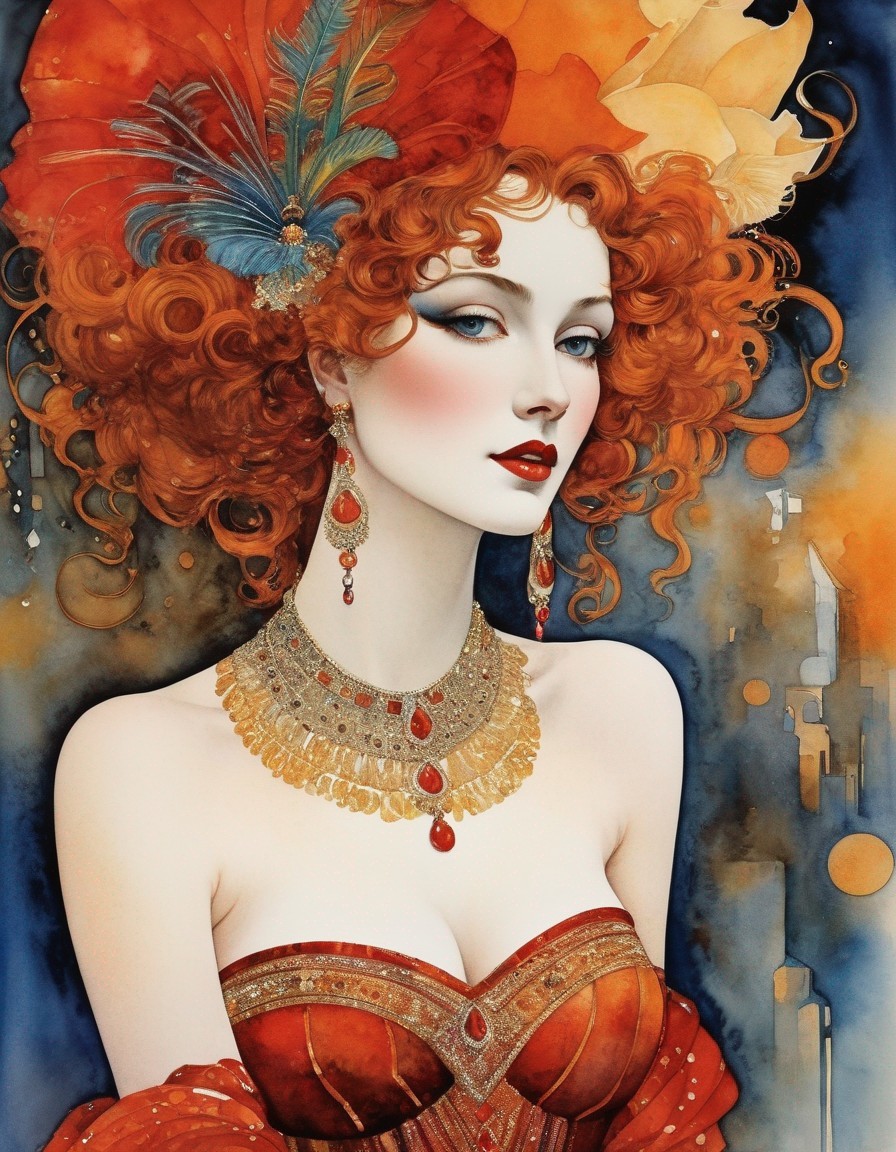 Vibrant Red Curly Hair Woman with Blue Eyes and Elaborate Orange Headdress
