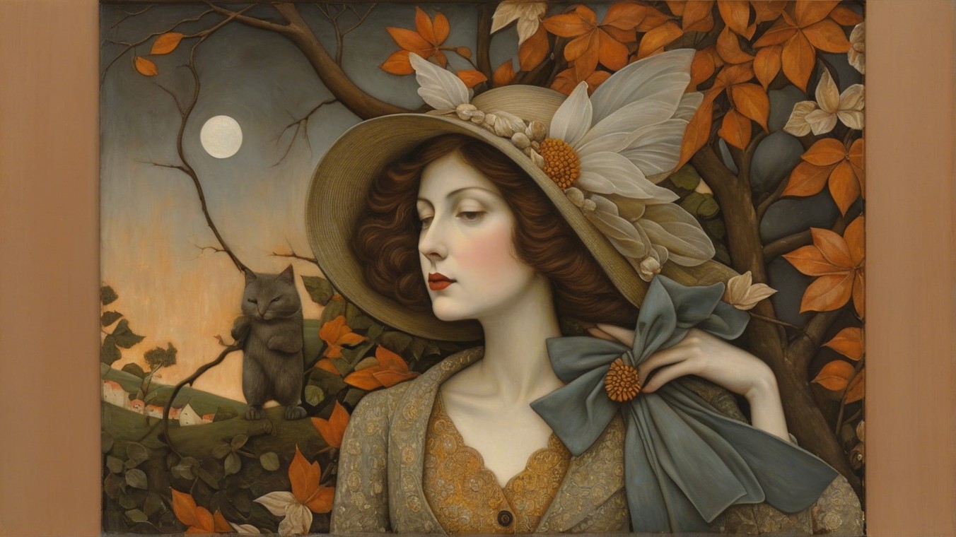 Serene Woman in Vintage Dress Amid Autumn Foliage