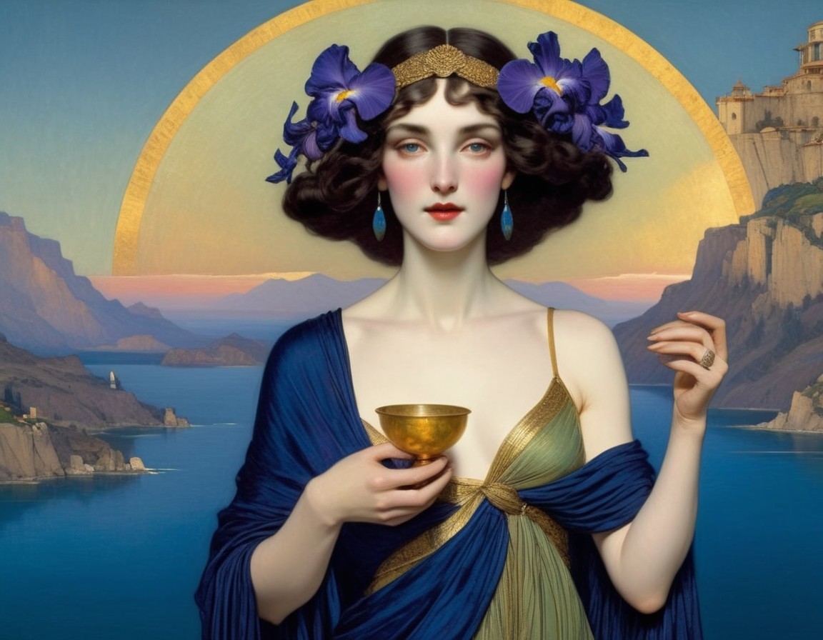 Woman with Gold Halo and Purple Flowers at Sunset
