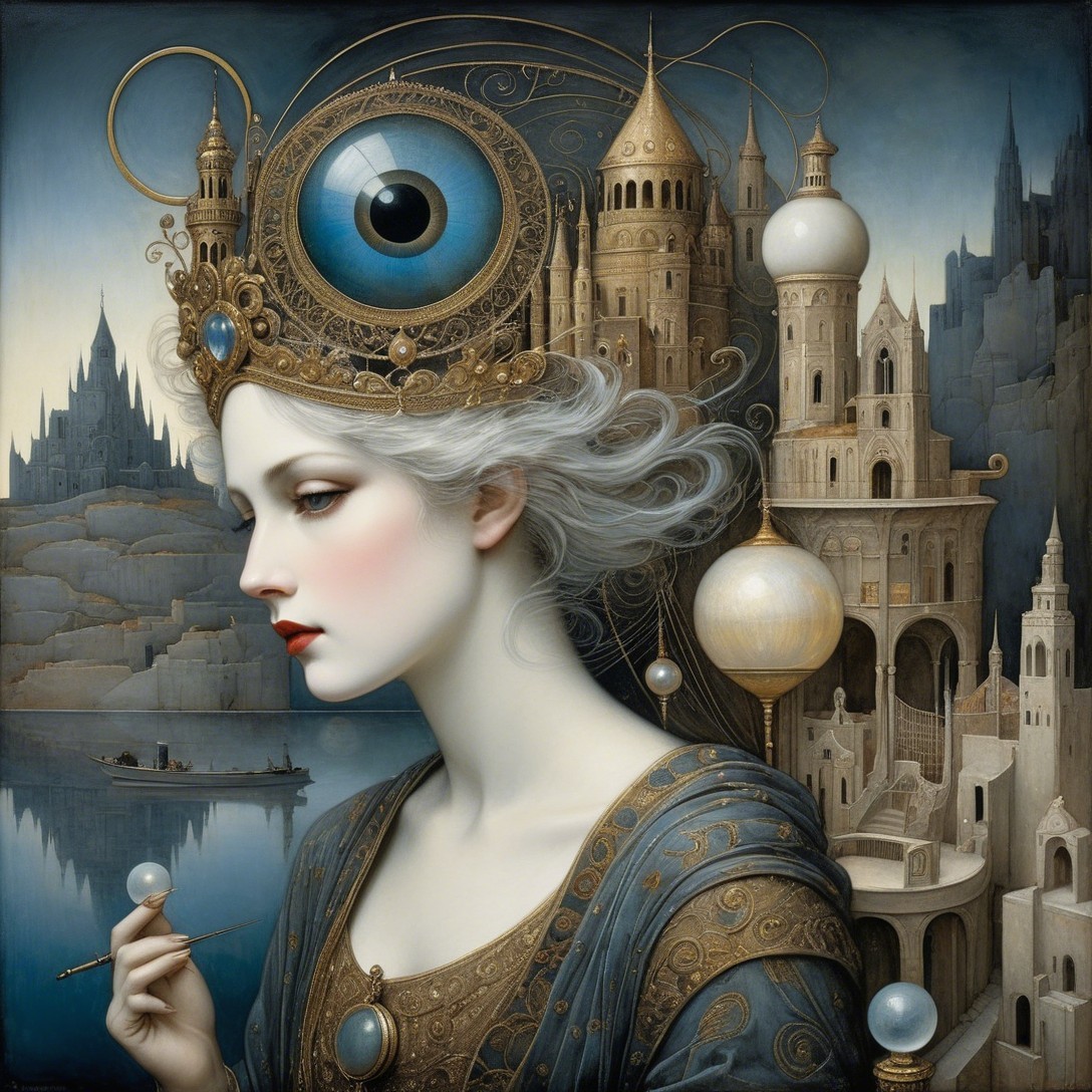 Ethereal Woman with Crown in Mystical Landscape