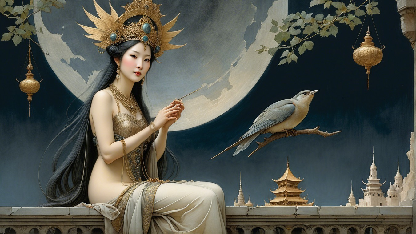 Serene woman with golden jewelry and a luminous moon