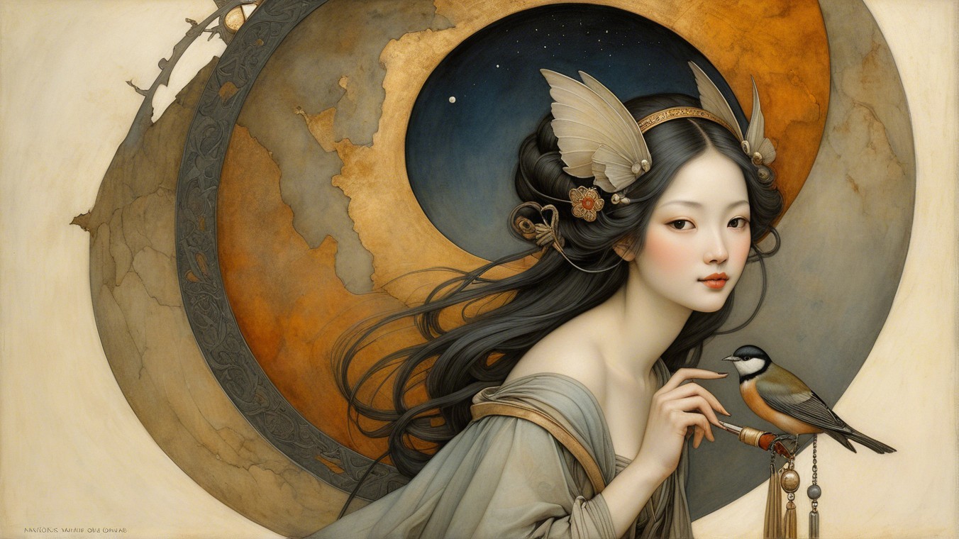 Graceful Woman with Bird Against Celestial Background