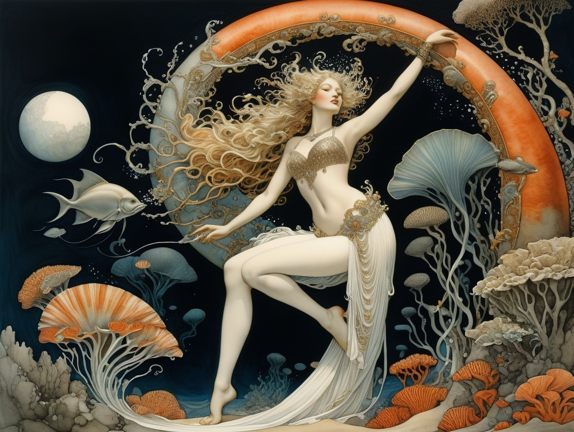 Underwater Scene with Dancing Figure and Marine Life