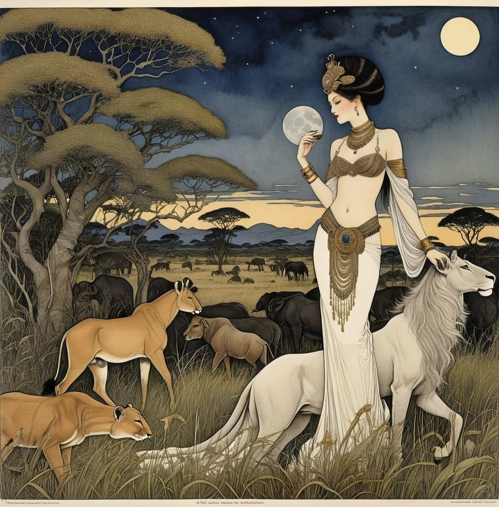 Mystical Night Scene with Woman and White Lion