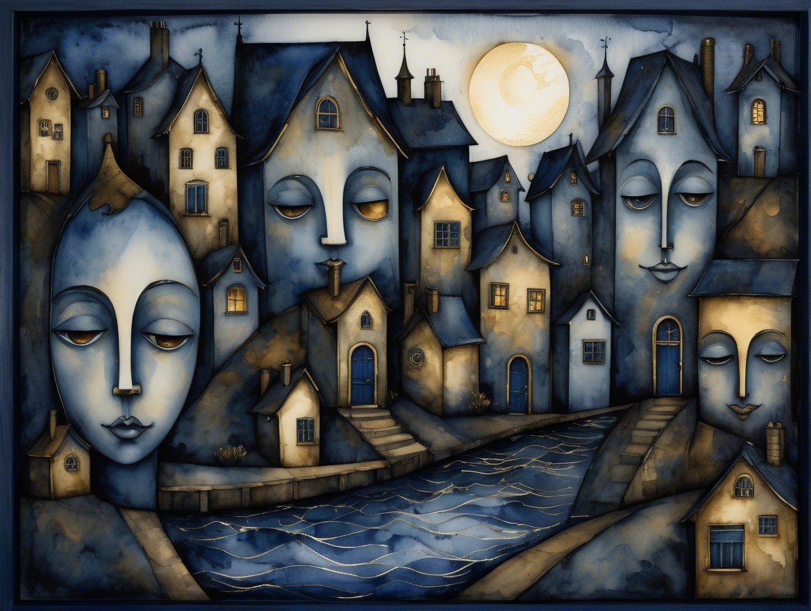 Whimsical Village Scene with Blues and Golds