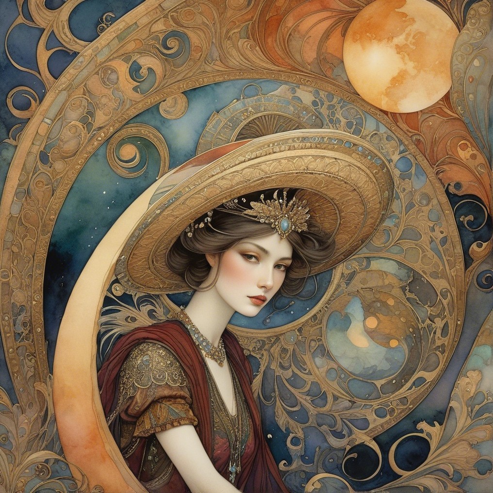 Elegant Woman in Antique Clothing with Celestial Elements
