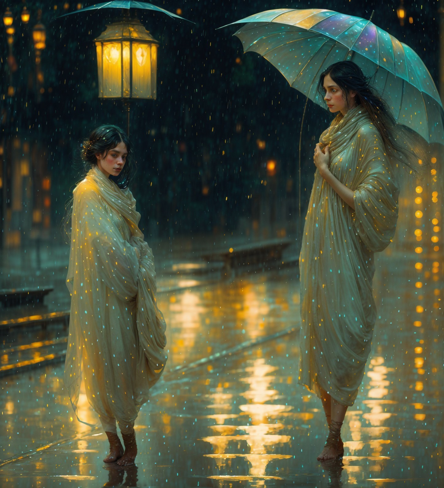 Serene Urban Scene with Figures in Shimmering Fabrics