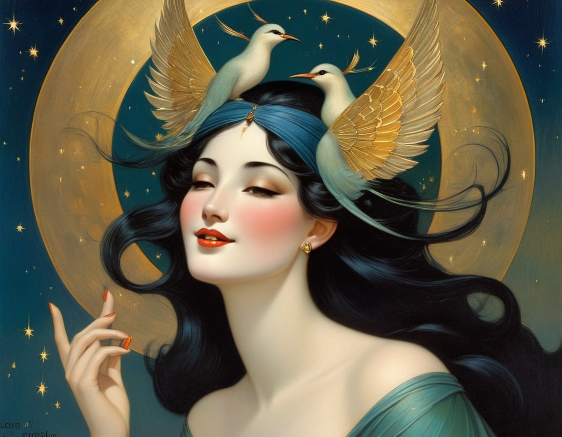 Ethereal Woman with Birds and Golden Halo in Blue Background