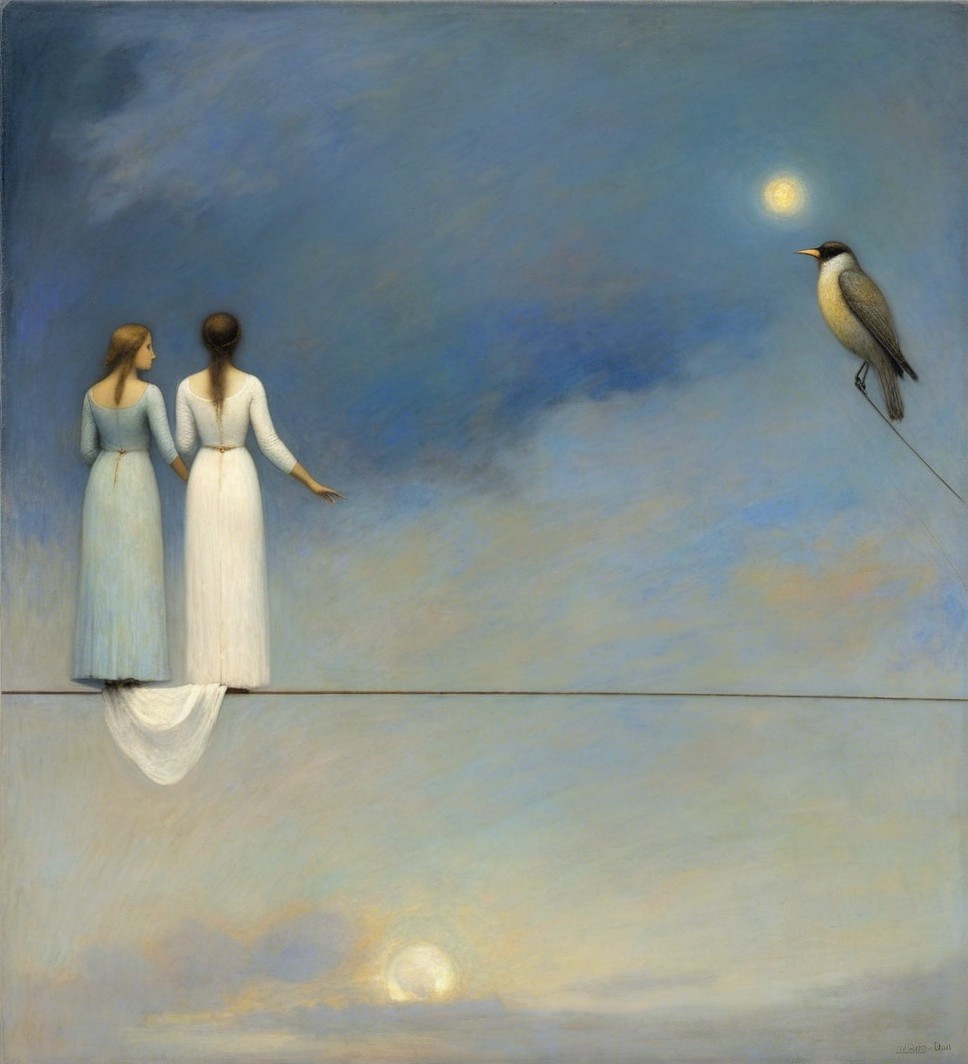 Ethereal Figures in Flowing Dresses Against Dreamy Sky