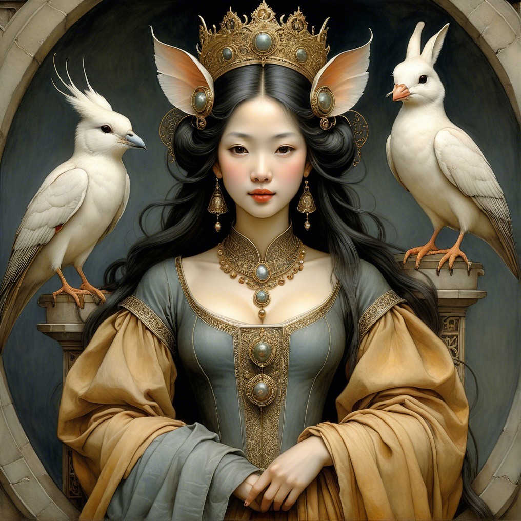 Regal Young Woman in Elegant Gown with Ethereal Birds