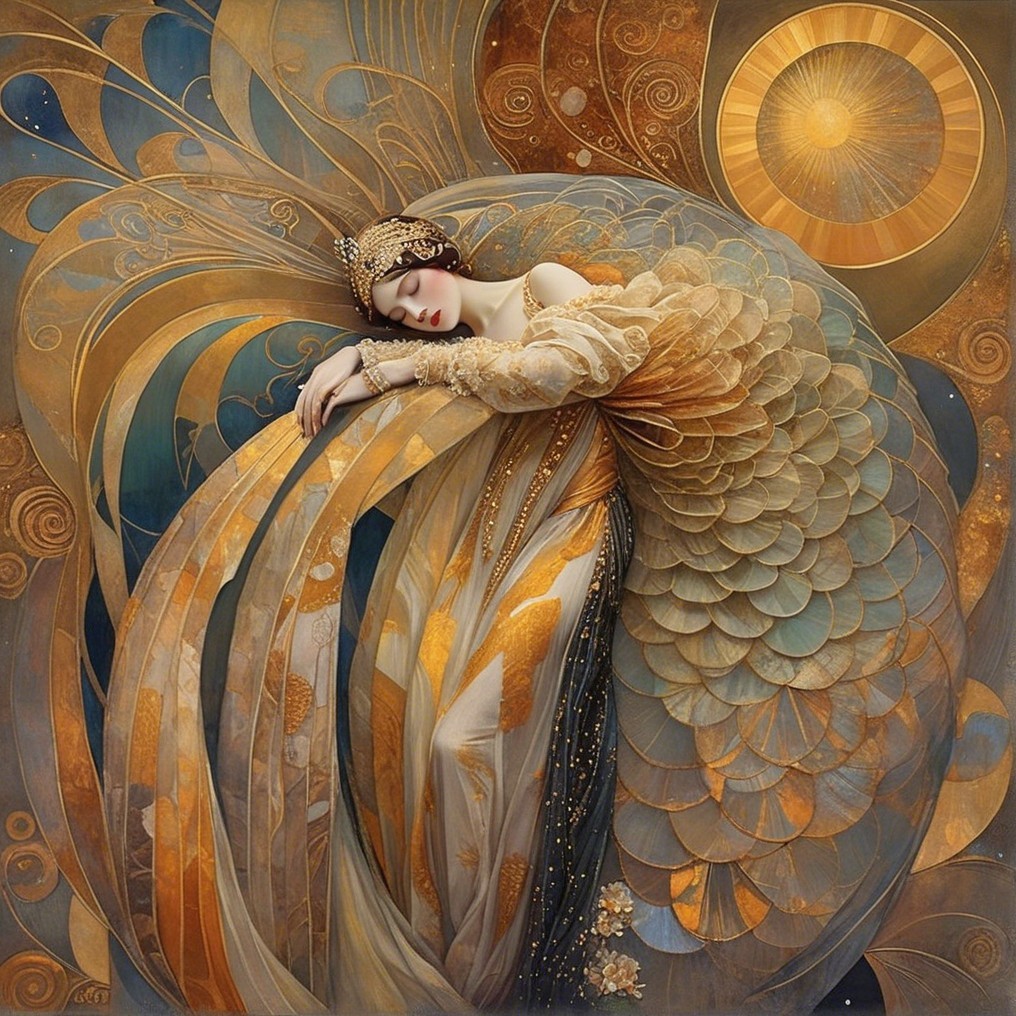 Serene Woman in Flowing Fabric with Radiant Background