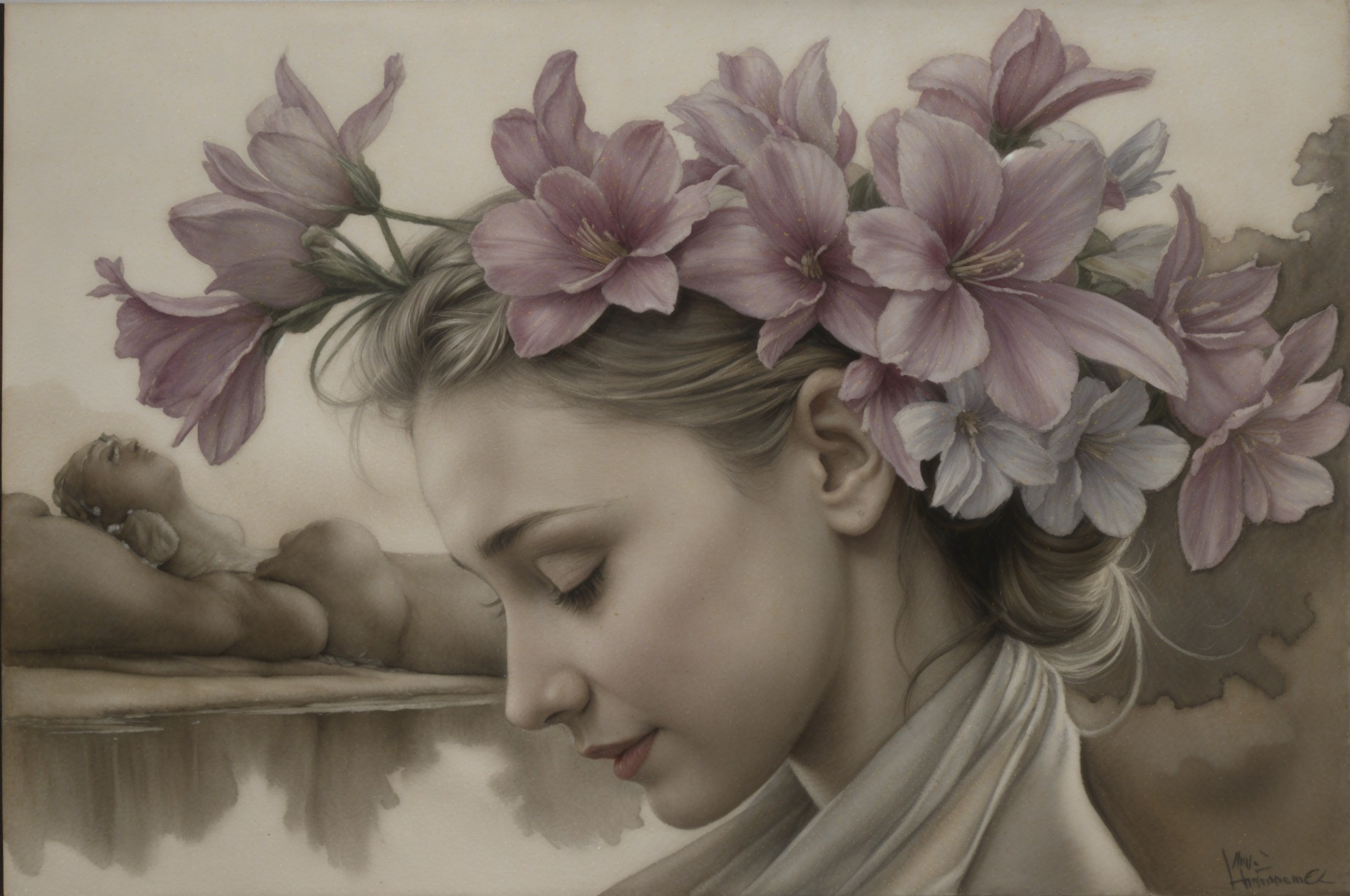 Serene Young Woman with Pink Flower Crown and Abstract Background