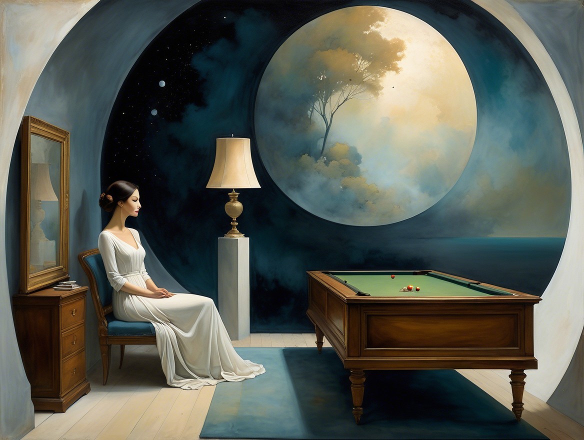 Serene Woman by Pool Table in Dreamlike Setting