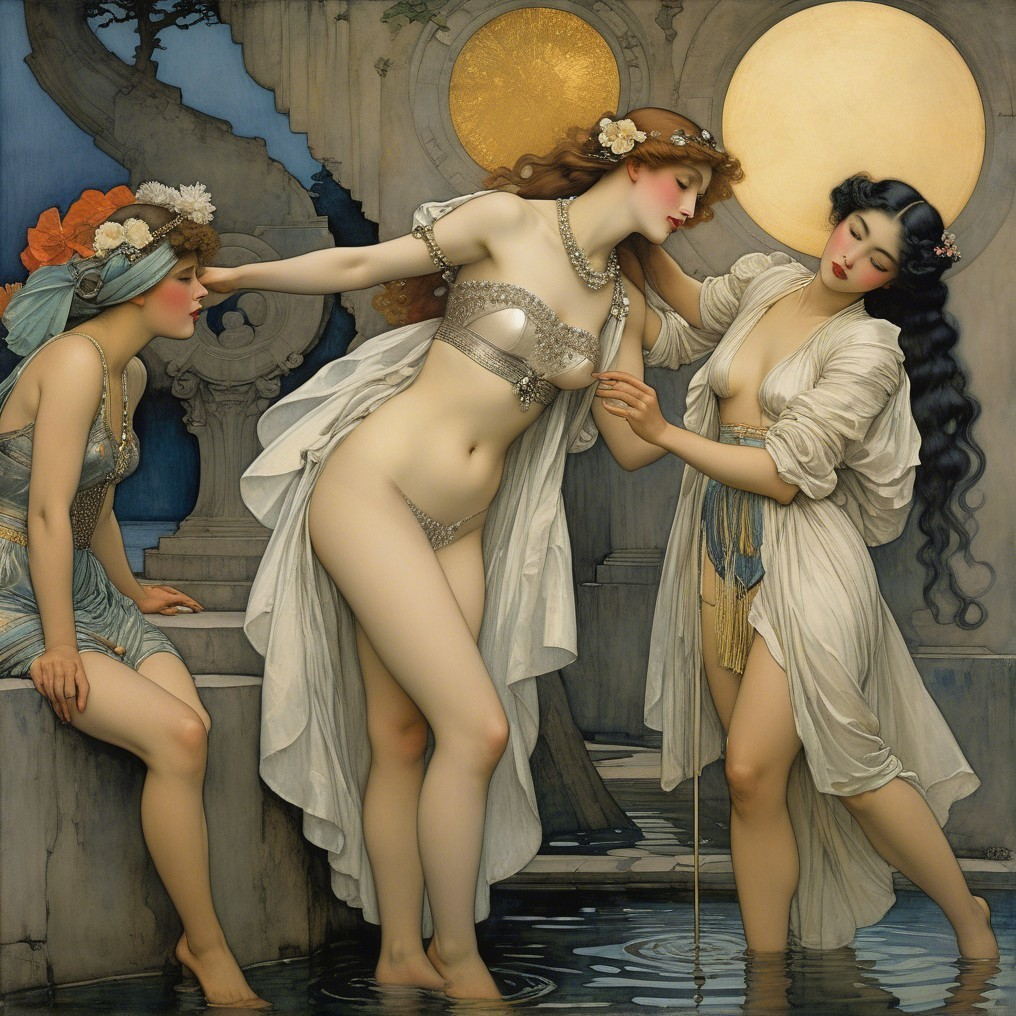 Three Elegant Women in a Mythological Setting