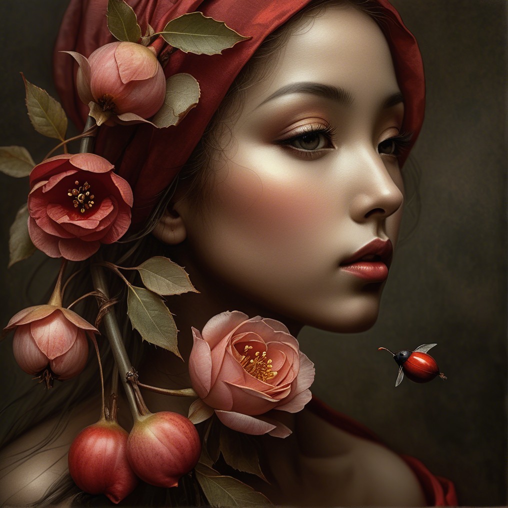 Portrait of a woman with flowing hair and roses