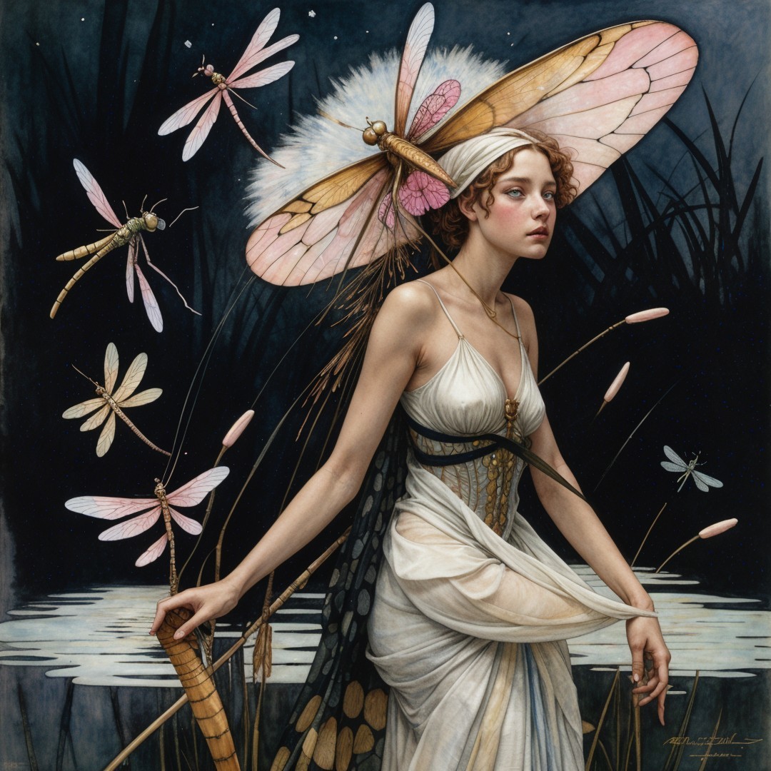 Ethereal Figure by Tranquil Water Under Starry Sky