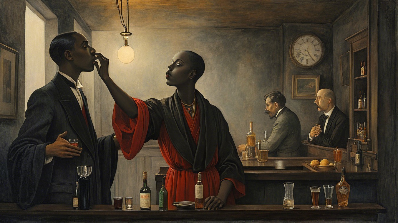 Intimate Bar Scene with Woman in Red Robe Feeding Man