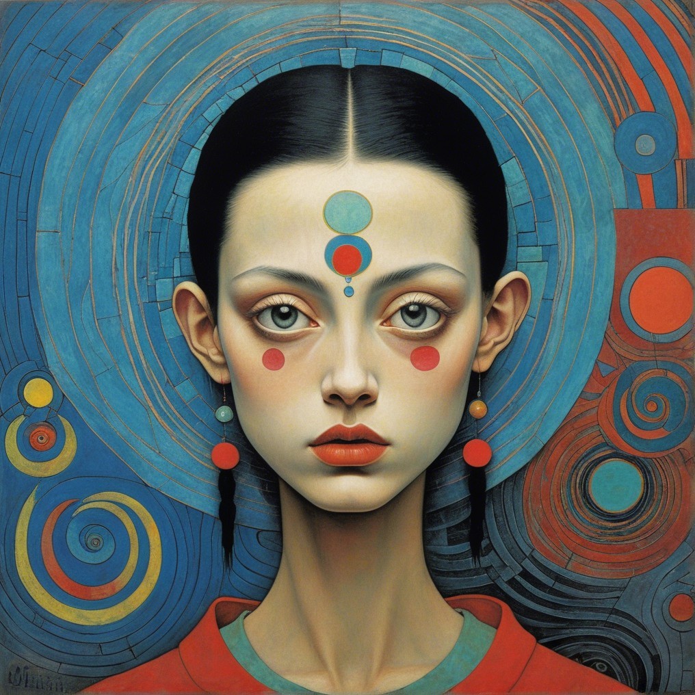 Stylized Female Figure with Colorful Geometric Makeup