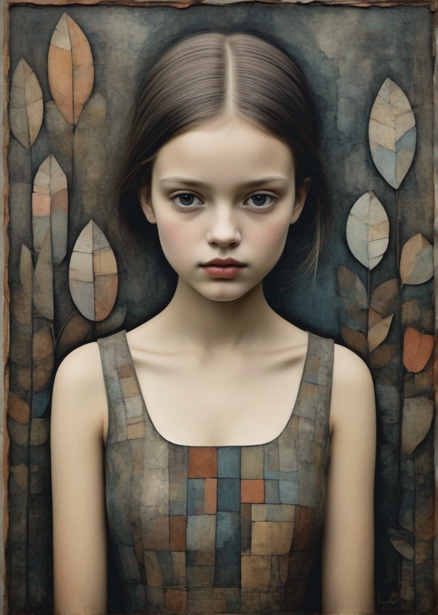 Young girl portrait with solemn expression framed by stylized leaves on textured background.