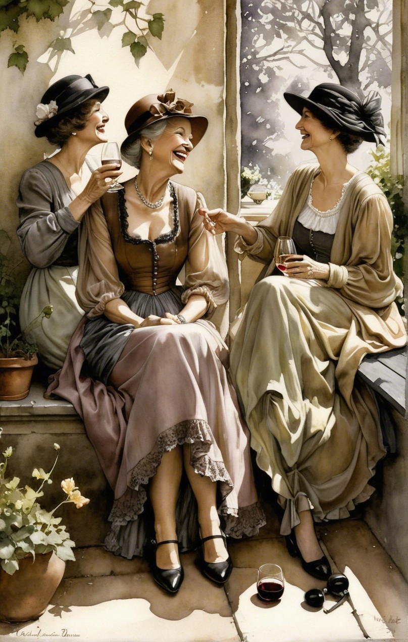 Women in vintage dresses enjoying wine on a terrace